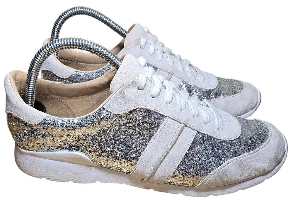 Ugg Jaida Glitter Trainer Treadlite Womens White Suede Leather Lining Sz 9